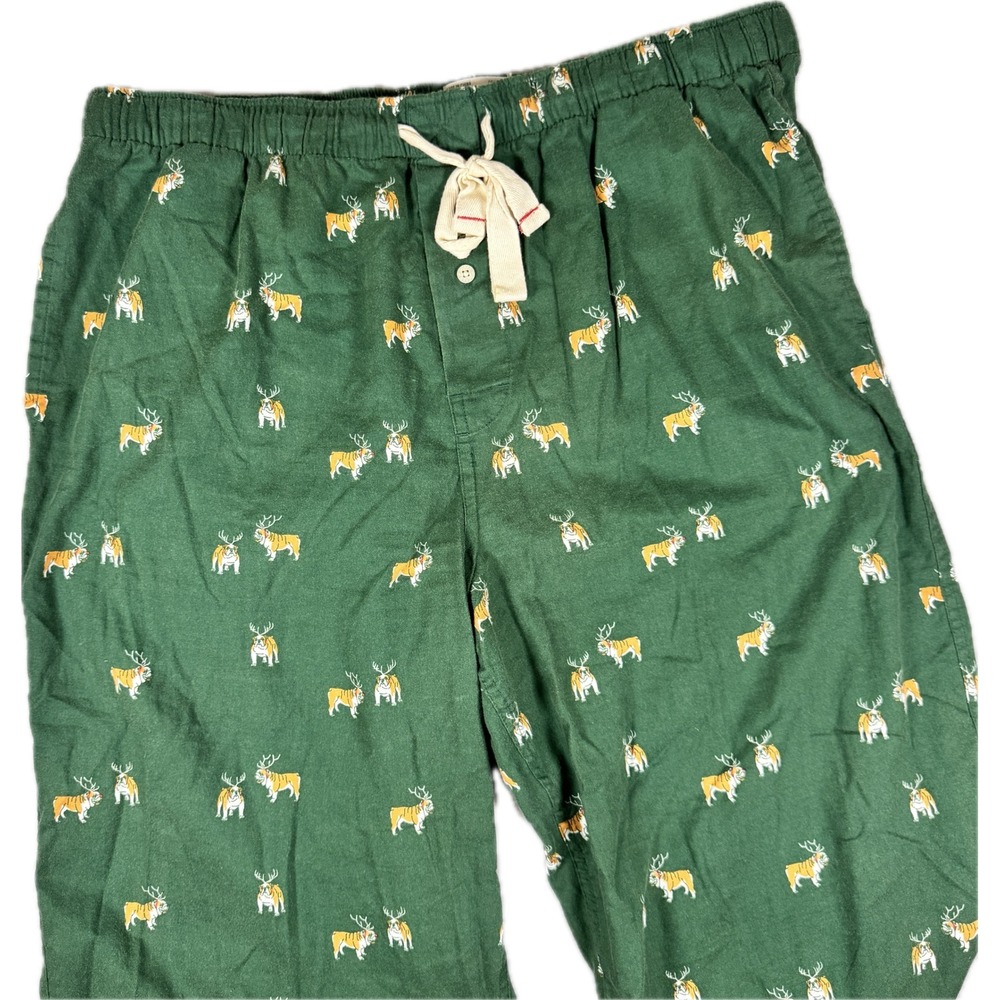 J.Crew Pajama Pants Mens XL Green Bulldog Reindeer Holiday Cotton Lounge